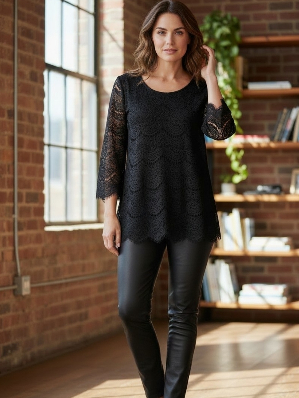 Adrianna Papell Black Scalloped Lace Top Size L NWT